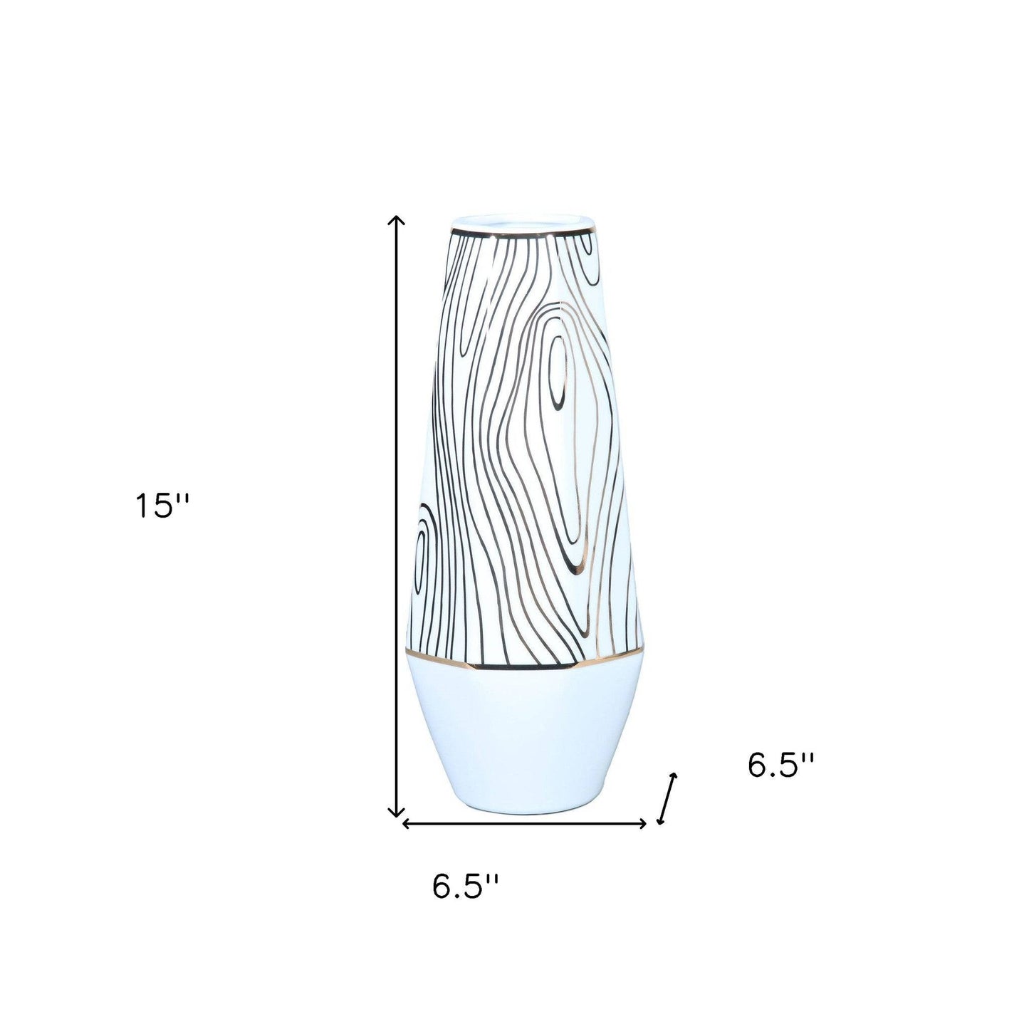 15" White and Gold Faux Bois Cylinder Ceramic Table Vase